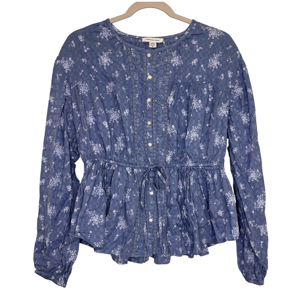 American Eagle Medium Blue Floral Peplum Top Lace Trim Long Sleeve Cottagecore